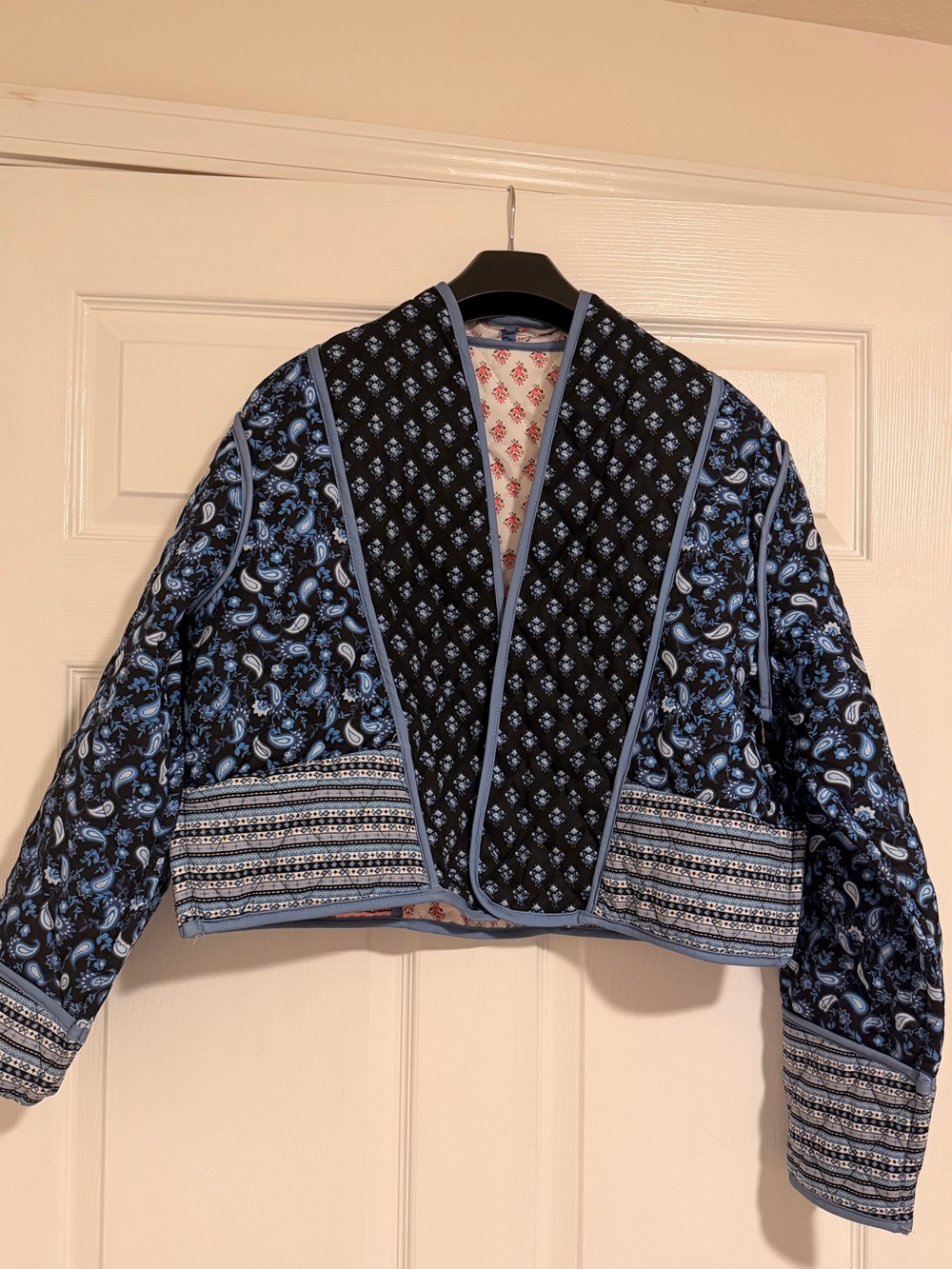 Blue Patterned Cropped Quilted Jacket, reversible